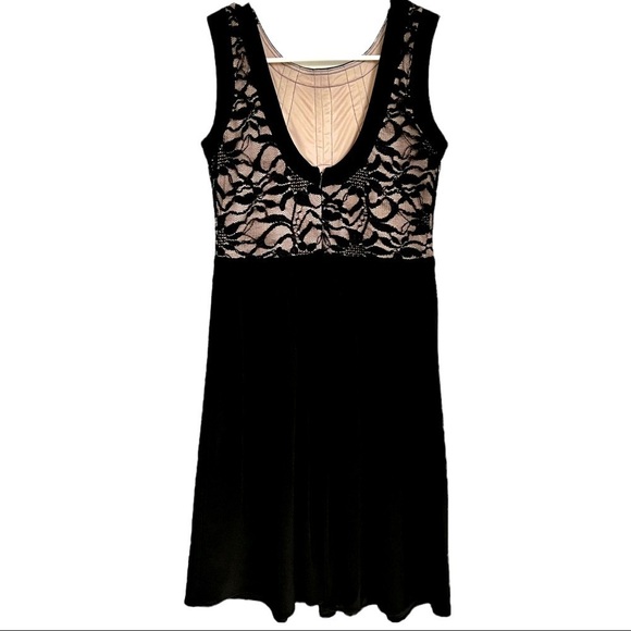 Morgan & Co. Black Swing Dress Lace Bodice with Nude Underlay Pleated Skirt 3/4 - Picture 8 of 13